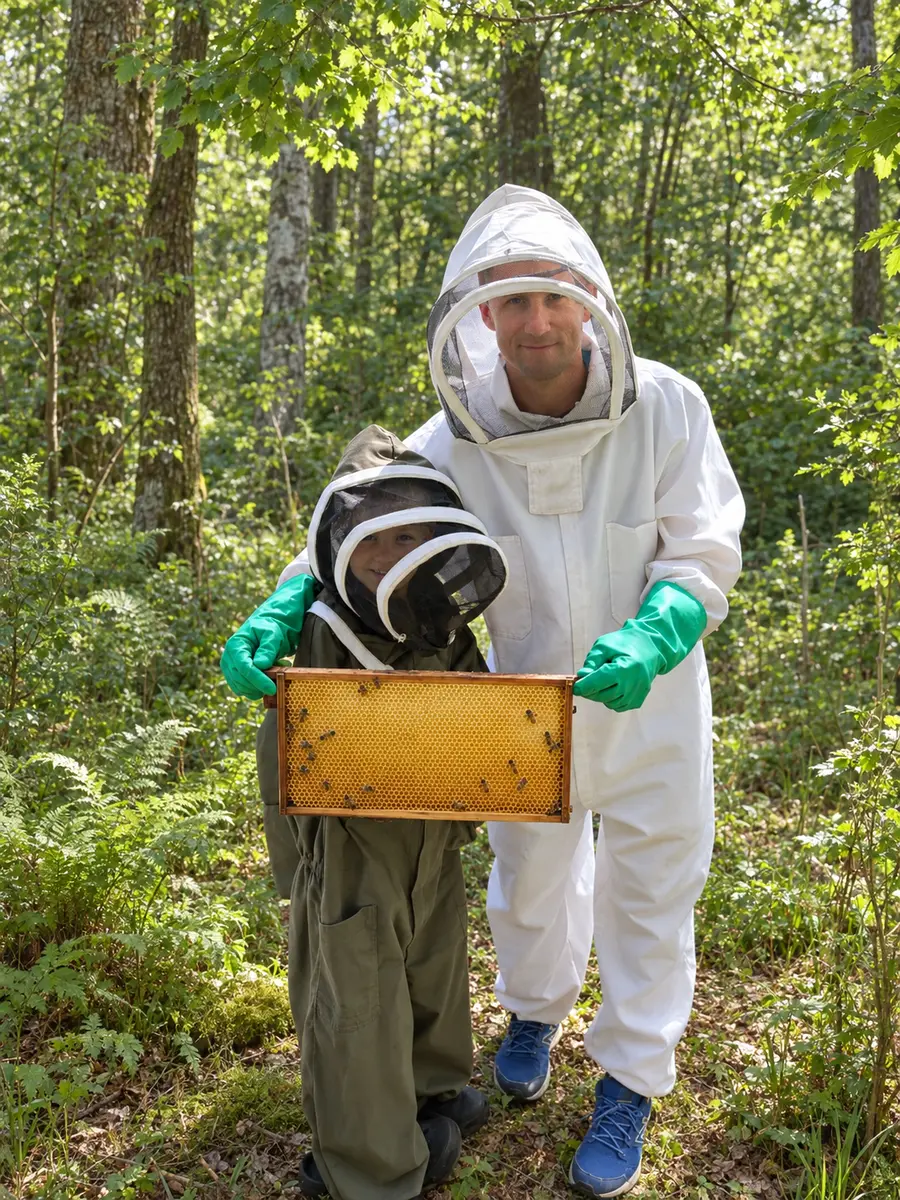 Kind und Imker entdecken gemeinsam eine Bienenwabe im Wald